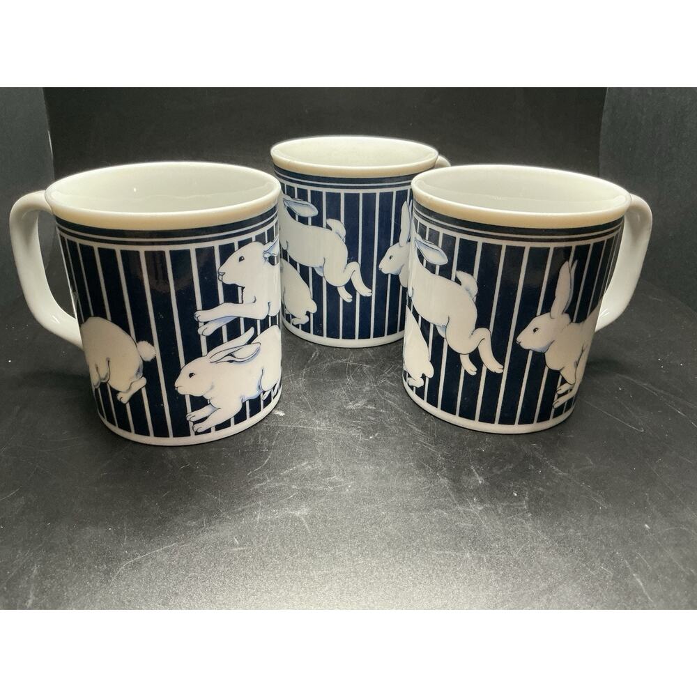 Curzon Running Easter Rabbit Ceramic Coffee Mug Blue & White Stripes, Vtg.